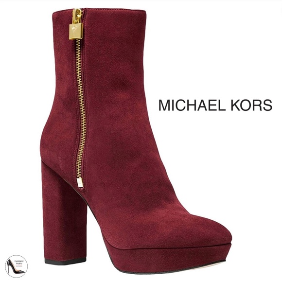 Michael Kors Frenchie Brandy Red Suede Stiletto Block Heel Platform Ankle Bootie - Picture 1 of 6